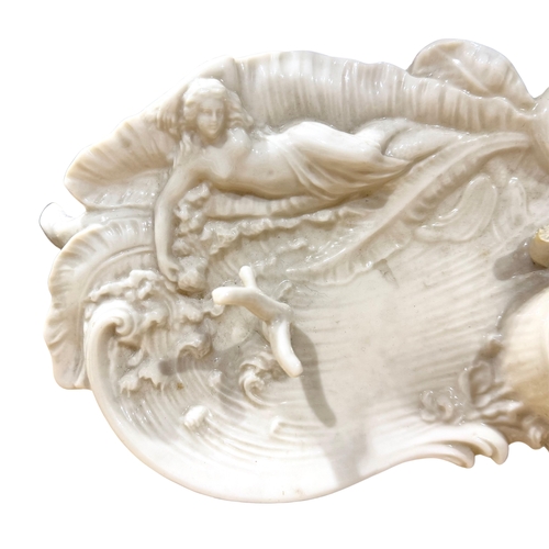 182 - A Belleek second black mark ink well and pen stand, Art Nouveau style, foliate moulded with a relief... 