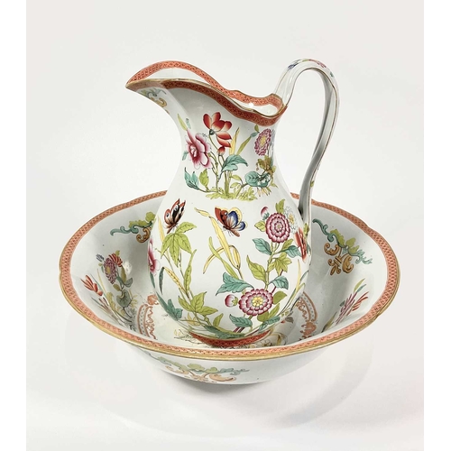 108 - A Minton & Boyle overpainted transfer jug and bowl, early 19th century, back stamps: 