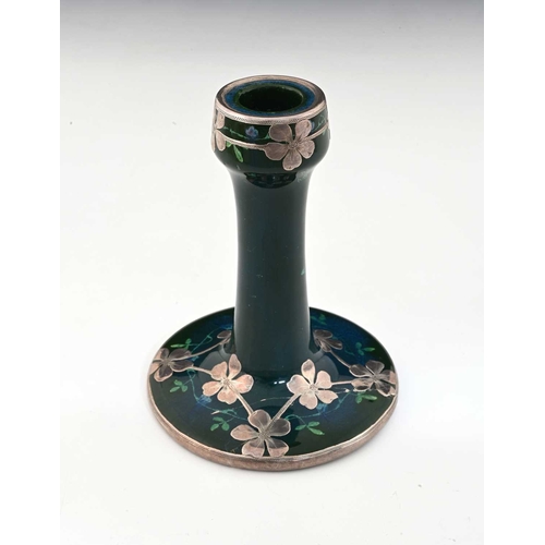 123 - Ruskin Pottery for Shreve and Co., a silver overlay Souffle glazed candlestick, circa 1905, splayed ... 