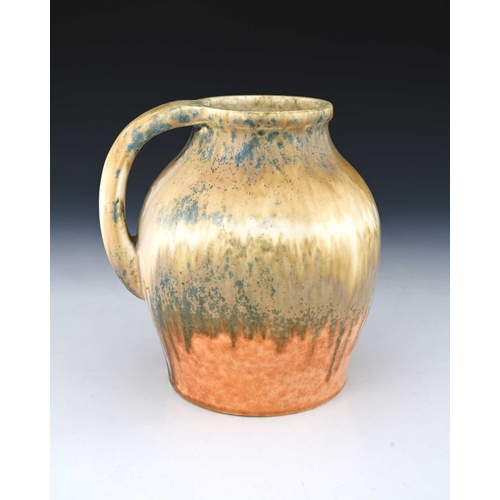 127 - Ruskin Pottery, a Crystalline jug, 1933, shouldered ovoid form with strap handle, banded taupe over ... 