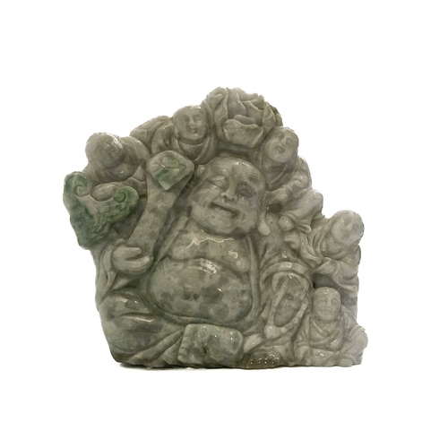 129 - A green Nephrite lucky Buddha figure group, 17.5cm high by 18.5cm wide