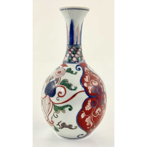 132 - A Chinese Wucai bottle vase, 19th century, the bulbous body painted with flowerheads amongst scrollw... 