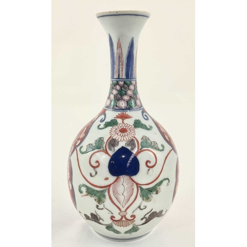 132 - A Chinese Wucai bottle vase, 19th century, the bulbous body painted with flowerheads amongst scrollw... 