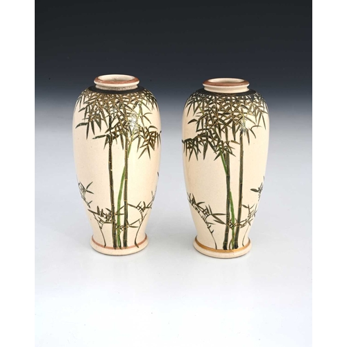 135 - A pair of Japanese Satsuma vases, Meiji period, shoulder form, painted with bamboo