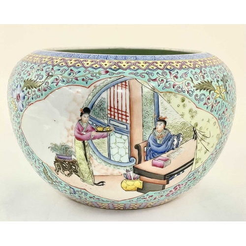 136 - A Chinese turquoise glaze bowl, painted with cartouche panels of figures in domestic settings, puce ... 