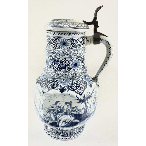 141 - A Dutch Delft tankard, 18th century style, the hexagonal panelled body painted with a continuous riv... 