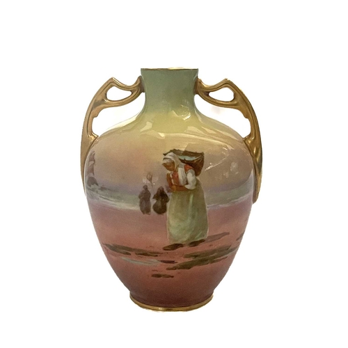 152 - Harry Allen for Royal Doulton, a Duch beach scene painted twin handled vase, signed with initials