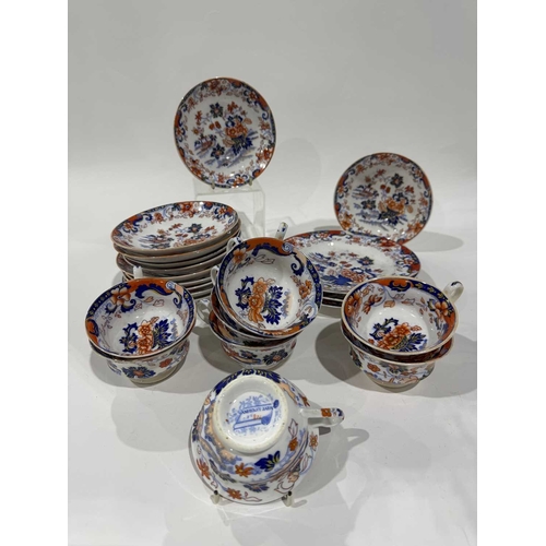 16 - A part MInton tea service, in the Amherst pattern, no;824, 11saucers, 9 cups, 3 tea p[ates, (1 tray)