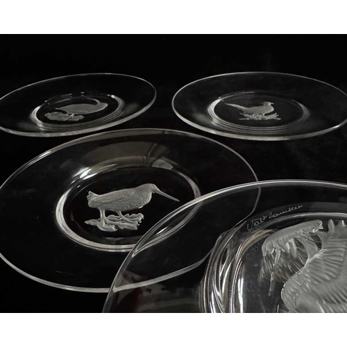 183 - A set of four Val St Lambert glass plates, intaglio moulded game birds to the centre of each, incise... 