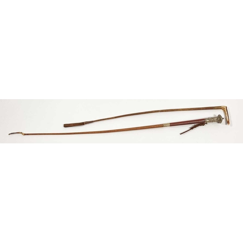 197 - A late 19th or early 20th century riding whip, white metal mounted pommel showing a horse race, mark... 