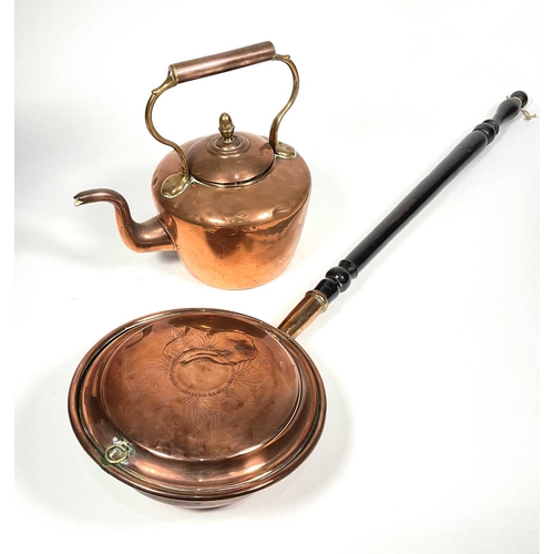 204 - A copper and brass kettle, 19th century, with a copper bed warming pan (2)