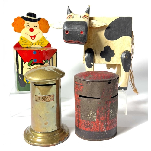 225 - A collection of novelty moneyboxes, metal examples in the form of post boxes together with a hand-pa... 