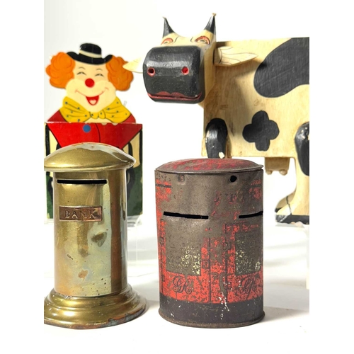 225 - A collection of novelty moneyboxes, metal examples in the form of post boxes together with a hand-pa... 