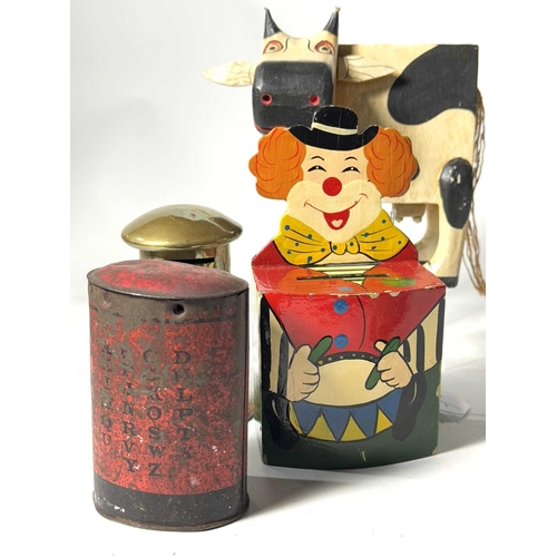 225 - A collection of novelty moneyboxes, metal examples in the form of post boxes together with a hand-pa... 