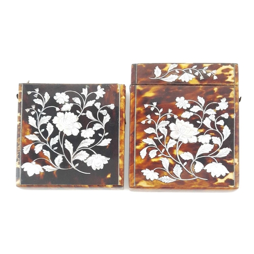 237 - Two tortoiseshell calling card cases, 19th Century, rectangular, wire strung with mother of pearl fl... 