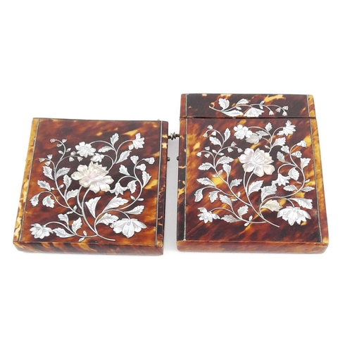 237 - Two tortoiseshell calling card cases, 19th Century, rectangular, wire strung with mother of pearl fl... 