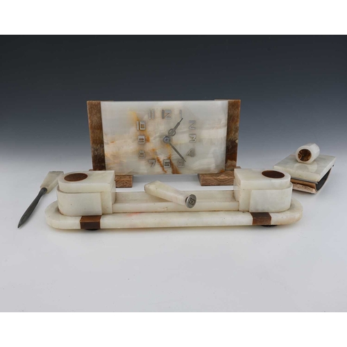 245 - An Art Deco onyx desk set, circa 1930, black and green geometric slab construction, comprising clock... 