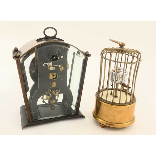 248 - A Novelty Birdcage clock, brass, 12cm high, together with an eight-day, glass-sided timepiece by Sch... 