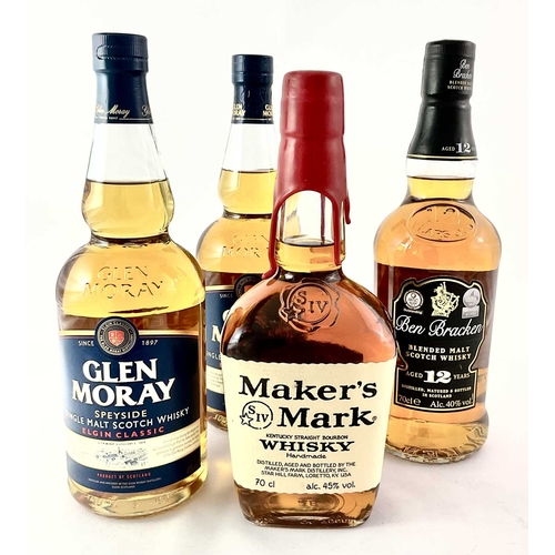 253 - Whisky, to include two bottles of Glen Moray Single Malt 'Elgin Classic', 40%, 70cl, and Ben Bracken... 