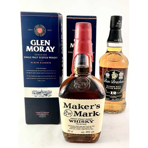 253 - Whisky, to include two bottles of Glen Moray Single Malt 'Elgin Classic', 40%, 70cl, and Ben Bracken... 