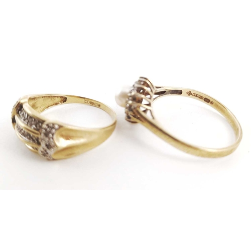 266 - Four 9ct gold rings, to include two band rings, a diamond set ring and a pearl and diamond set ring,... 