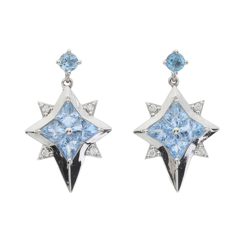 273 - A pair of 18ct gold fancy-shape blue topaz and brilliant-cut diamond star drop earrings, with circul... 