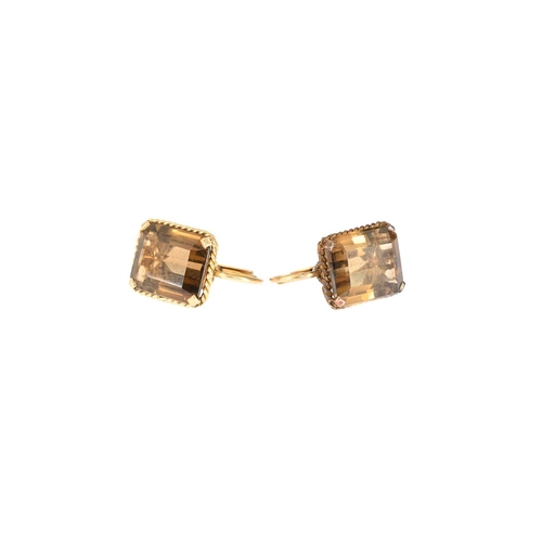 274 - A pair of 1970s 18ct gold smoky quartz earrings, estimated total quartz weight 8.80ct, mount stamped... 