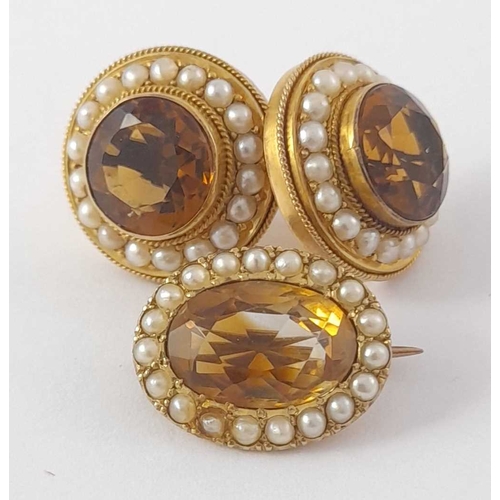 276 - A gold citrine and pearl brooch and a pair of earrings