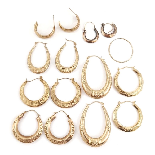 280 - Eight pairs of hoop earrings, most with hallmarks or marks to indicate gold, lengths 2 to 4cm, total... 