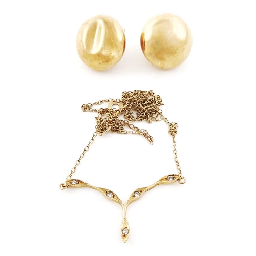 284 - A pair of 9 carat gold earrings and a gold and diamond necklace, 4g