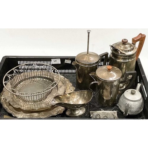 29 - A collection of plated and metal wares including a coffee biggin with milk and hot water jug, a 2 cu... 