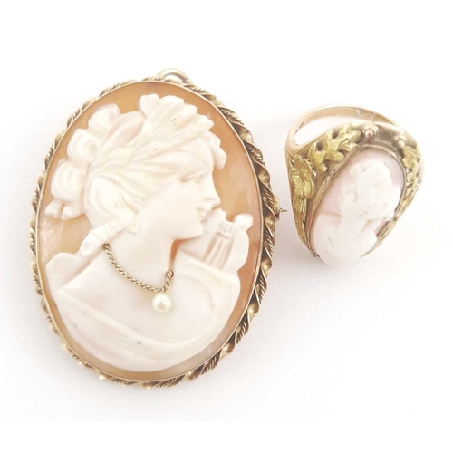 301 - A shell cameo ring and a 9ct gold shell cameo pendant brooch, ring stamped 10K, pendant brooch with ... 