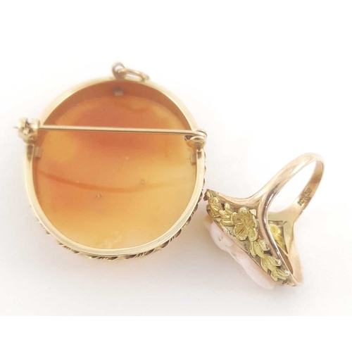 301 - A shell cameo ring and a 9ct gold shell cameo pendant brooch, ring stamped 10K, pendant brooch with ... 