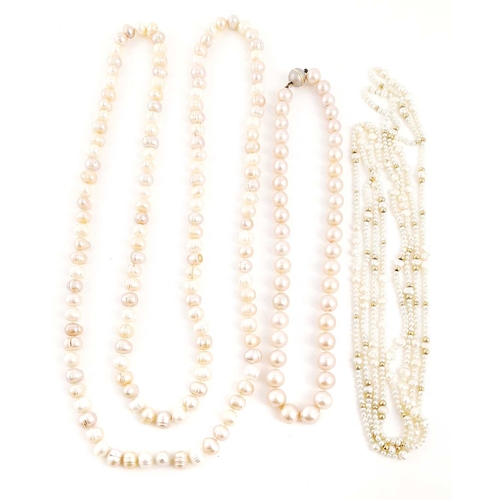 307 - Three pearl necklaces, to include two pink cultured pearl necklaces, one with spherical clasp, stamp... 