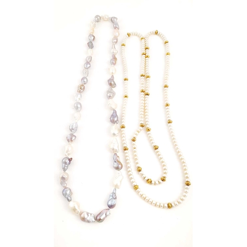 310 - Two pearl necklaces, to include a baroque pearl necklace, together with a cultured pearl necklace, w... 