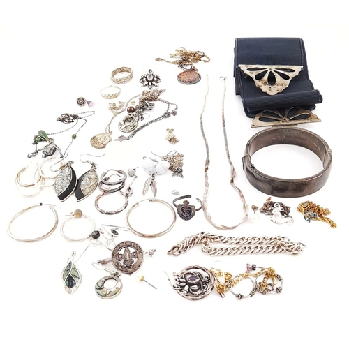 317 - A selection of silver and white metal jewellery, including a nurses belt with silver buckle, some wi... 