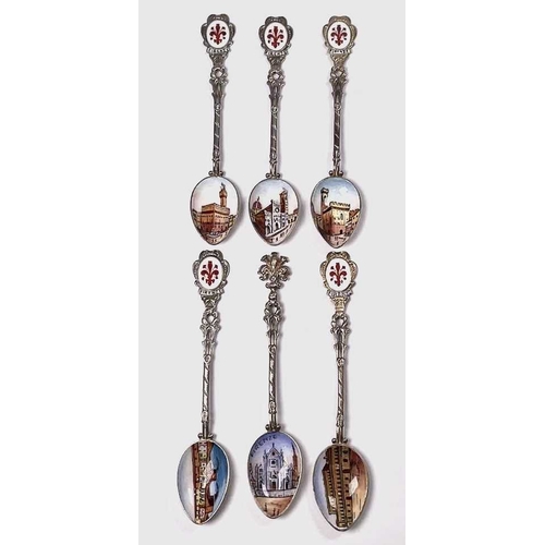 325 - Italy, six enamelled spoons, each bowl decorated with Florentine scenes in polychrome enamel, the ba... 