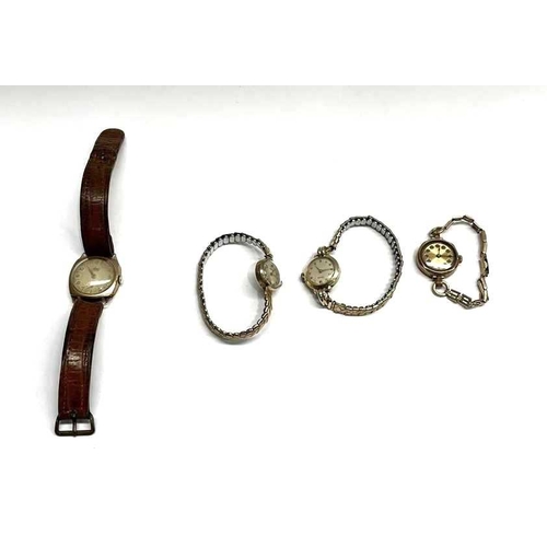 330A - Four gold cased wrist watches, to include a Vertex example, one with hallmarks for Birmingham, 1928,... 