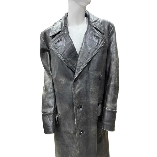 331 - WWII era long leather and sheepskin coat, Dutch label sewn to inner lining