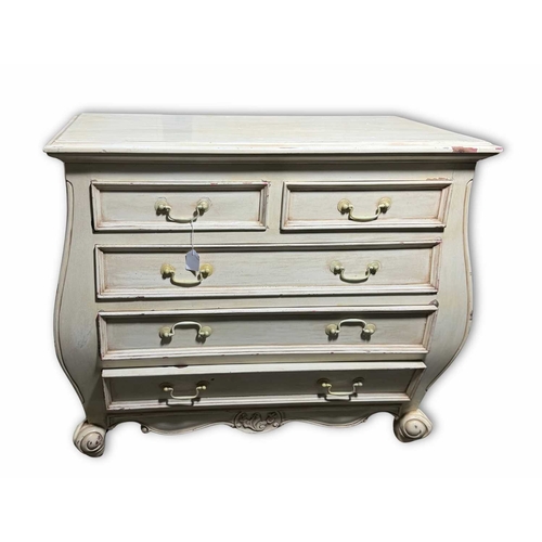 362 - A French-style bombe chest of drawers, two short over three long, white painted metal swan neck hand... 