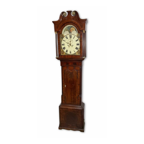 364 - A strung mahogany longcase clock, c.1800, broken swan neck pediment with plinth and brass roundels, ... 