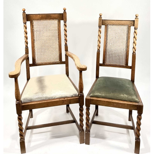 373 - A set of six oak dining chairs, barley twist, rattan backed, leather drop in seats. 4 side chairs me... 