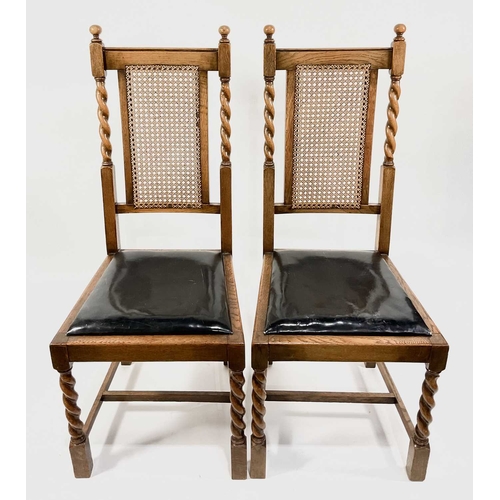 373 - A set of six oak dining chairs, barley twist, rattan backed, leather drop in seats. 4 side chairs me... 