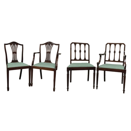 377 - Four mahogany pierced splat dining chairs including two carvers with wheat sheaf motifs, upholstered... 