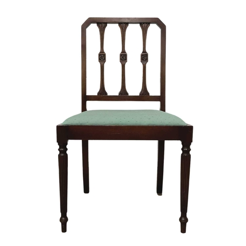 377 - Four mahogany pierced splat dining chairs including two carvers with wheat sheaf motifs, upholstered... 