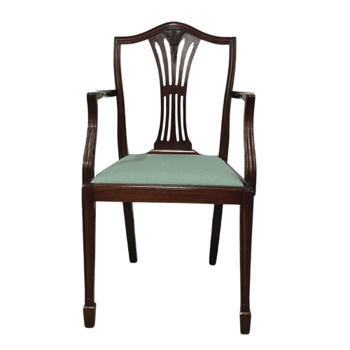 377 - Four mahogany pierced splat dining chairs including two carvers with wheat sheaf motifs, upholstered... 