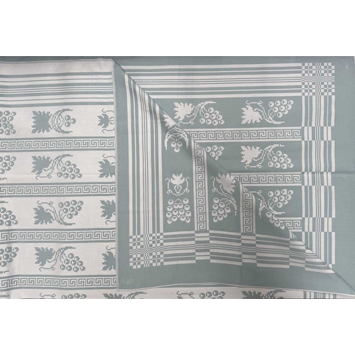 41 - A Georg Jensen linen tablecloth woven with fruiting vine motifs, teal on white ground, 150 by 200cm