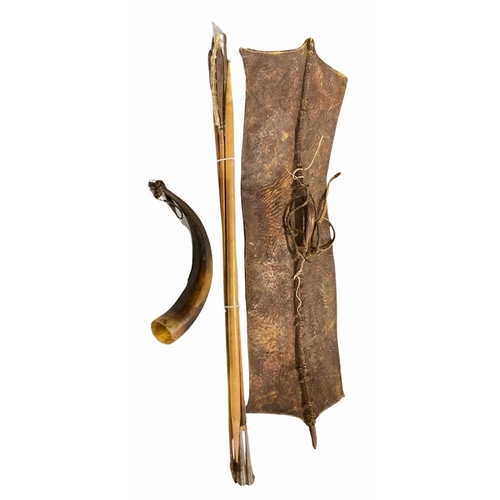 53 - An African leather shield of rectangular form, with wooden handle, 91 by 26cm, together with a drink... 