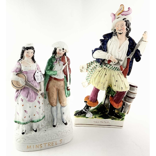 90 - A Victorian Staffordshire pottery figure of 'Will Watch', modelled standing beside two barrels, hold... 