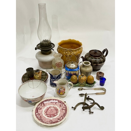 2 - A collection of glass, ceramics and collectables including a pair of sugar nips hallmarked for Exete... 